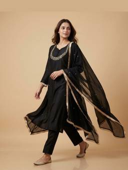 DEVRI - Black Zehra Pure Mul Kurta with Pant and Dupatta