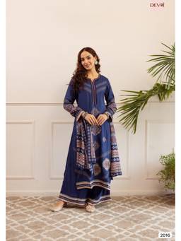 DEVRI - Navy Blue Ornate Reyon Kurta with Palazzo and Dupatta