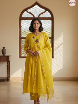 DEVRI - Yellow Vasiree Mul Chanderi Kurta with Pant and Dupatta