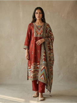 DEVRI - Red Gulnaar Russian Silk Kurta with Pant and Dupatta