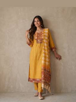 DEVRI - Mustard Kesarika Russian Silk Kurta with Pant and Dupatta