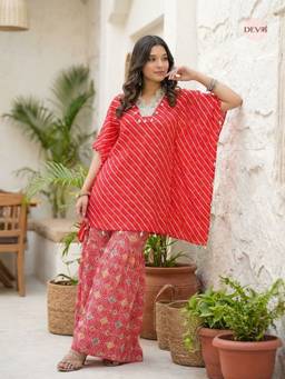 DEVRI - Red Gulzaar Muslin Printed Kaftan with Sharara