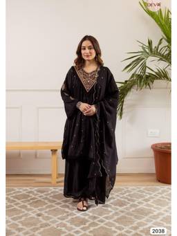 DEVRI - Black Kashvi Mul Chanderi Anarkali with Palazzo and Dupatta