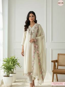 DEVRI - Beige Noor-E-Mehr Tissue Silk Kurta with Dupatta and Pant