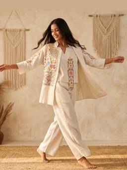 DEVRI - Ivory Dharini Cotton Embroidered Jacket with Tunic and Pant
