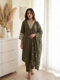 DEVRI - Olive Aavya Cotton Embroidered Kurta with Pant and Dupatta