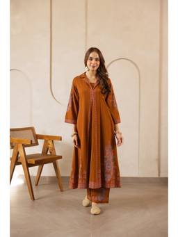 DEVRI - Zarmin Cotton Slub Printed Rust Kurta with Pant