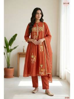 DEVRI - Rust Gulnaar Mul Chanderi Embroidered Kurta with Salwar and Dupatta