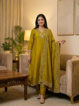 DEVRI - Zarmin Crepe Embroidered Mustard Kurta with Pant and Dupatta