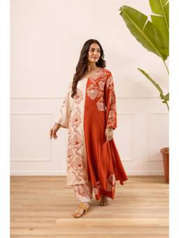 DEVRI - Vasanti German Reyon Printed Rust Kurta with Palazzo