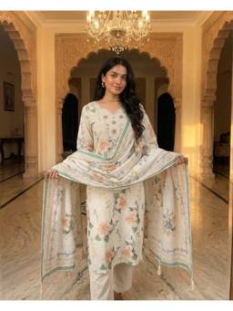 DEVRI - Off White Gulnaar Pure Cotton Printed Kurta with Pant and Dupatta