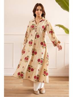 DEVRI - Beige Gulnaar Pure Cotton Printed Kurta with Palazzo