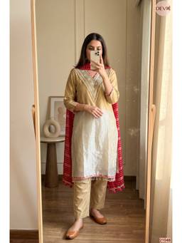 DEVRI - Zareen Tissue Silk Embroidered Gold Kurta with Pant and Dupatta