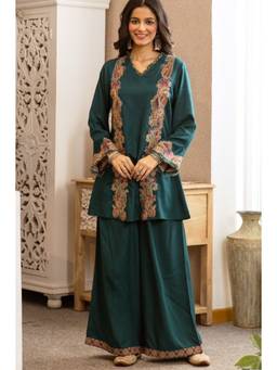 DEVRI - Zarmin German Reyon Embroidered Teal Kurta with Palazzo