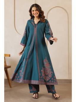 DEVRI - Mehr Cotton Slub Printed Teal Anarkali with Pant