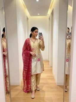 DEVRI - Ruhani Tissue Silk Embroidered Beige Kurta with Pant and Dupatta