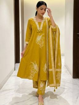 DEVRI - Mustard Gulnaar Cotton Slub Printed Kurta with Pant and Dupatta