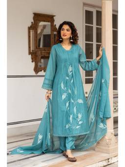 DEVRI - Neelambara Mul Cotton Embroidered Teal Kurta with Pant and Dupatta