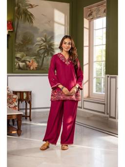 DEVRI - Magenta Gulnaar German Reyon Embroidered Kurta with Palazzo