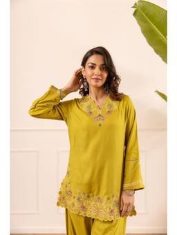 DEVRI - Mustard Gulnaar German Reyon Embroidered Kurta with Salwar
