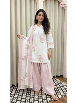 DEVRI - Pink Gulnaar Pure Cotton Printed Kurta with Pant and Dupatta