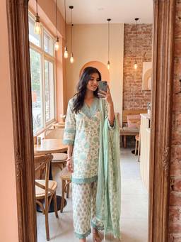 DEVRI - Green Gulnaar Pure Cotton Printed Kurta with Palazzo and Dupatta