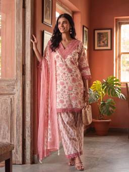 DEVRI - Pink Gulnaar Pure Cotton Embroidered Kurta with Pant and Dupatta
