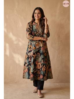 DEVRI - Rajani Pure Cotton Printed Black Kurta with Pant