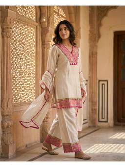 DEVRI - Ivory Gulnaar Tissue Silk Embroidered Kurta with Pant and Dupatta
