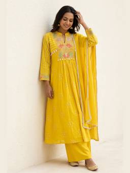 DEVRI - Yellow Gulnaar Mul Chanderi Embroidered Kurta with Pant and Dupatta