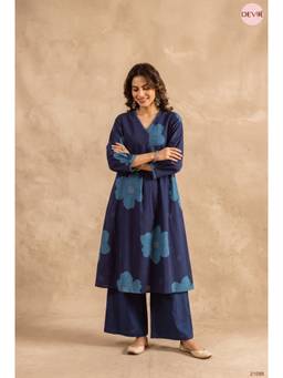 DEVRI - Neelambara Cotton Flex Printed Navy Blue Anarkali with Pant