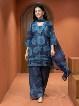 DEVRI - Mehrbano Pure Cotton Printed Navy Blue Kurta with Salwar and Dupatta