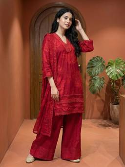 DEVRI - Maroon Gulnaar Pure Cotton Printed Kurta with Palazzo and Dupatta