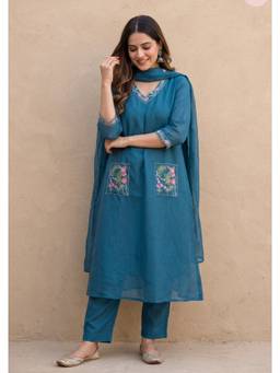 DEVRI - Teal Meher Mul Chanderi Embroidered Kurta with Pant and Dupatta