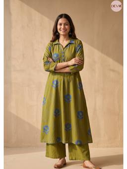 DEVRI - Vasanti Cotton Flex Printed Olive Kurta with Palazzo