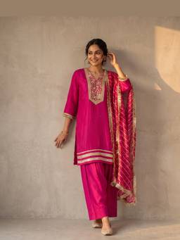 DEVRI - Pink Gulnaar Pure Organza Silk Embroidered Kurta with Salwar and Dupatta