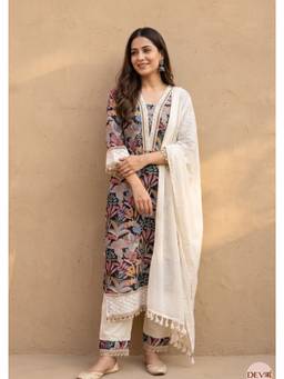 DEVRI - Black Gulraina Pure Cotton Printed Kurta with Pant and Dupatta