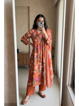 DEVRI - Rust Gulraaz Pure Cotton Printed Kurta with Pant and Dupatta