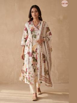 DEVRI - Ivory Gulnaar Pure Cotton Printed Kurta with Pant and Dupatta