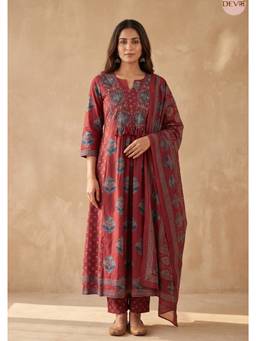 DEVRI - Maroon Gulnaar Pure Cotton Printed Kurta with Pant and Dupatta