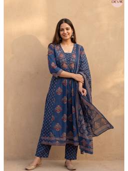DEVRI - Zarisha Pure Cotton Printed Blue Kurta with Pant and Dupatta