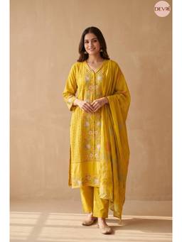 DEVRI - Mustard Gulnaar Pure Cotton Embroidered Kurta with Salwar and Dupatta