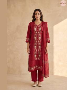 DEVRI - Maroon Gulnaar Pure Cotton Embroidered Kurta with Salwar and Dupatta