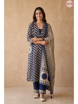 DEVRI - Neelambara Pure Cotton Printed Navy Blue Kurta with Pant and Dupatta