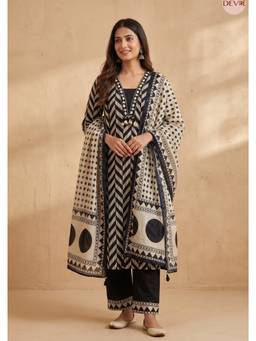 DEVRI - Zariya Pure Cotton Printed Black Kurta with Pant and Dupatta