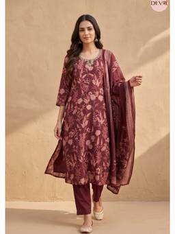 DEVRI - Wine Gulnaar Pure Modal Silk Printed Kurta with Pant and Dupatta