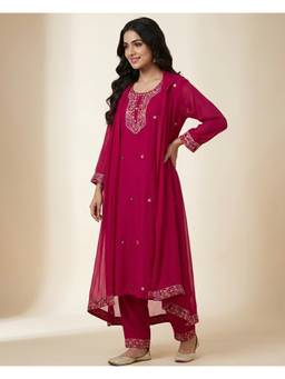 DEVRI - Magenta Gulnaar Reyon Embroidered Kurta with Pant and Dupatta