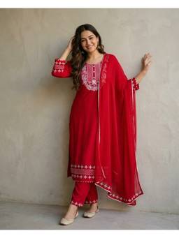 DEVRI - Pink Gulnaar Reyon Embroidered Kurta with Pant and Dupatta