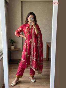 DEVRI - Pink Gulnaar Pure Cotton Printed Kurta with Pant and Dupatta