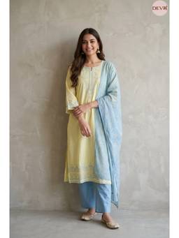 DEVRI - Yellow Gulnaar Mul Cotton Embroidered Kurta with Pant and Dupatta
